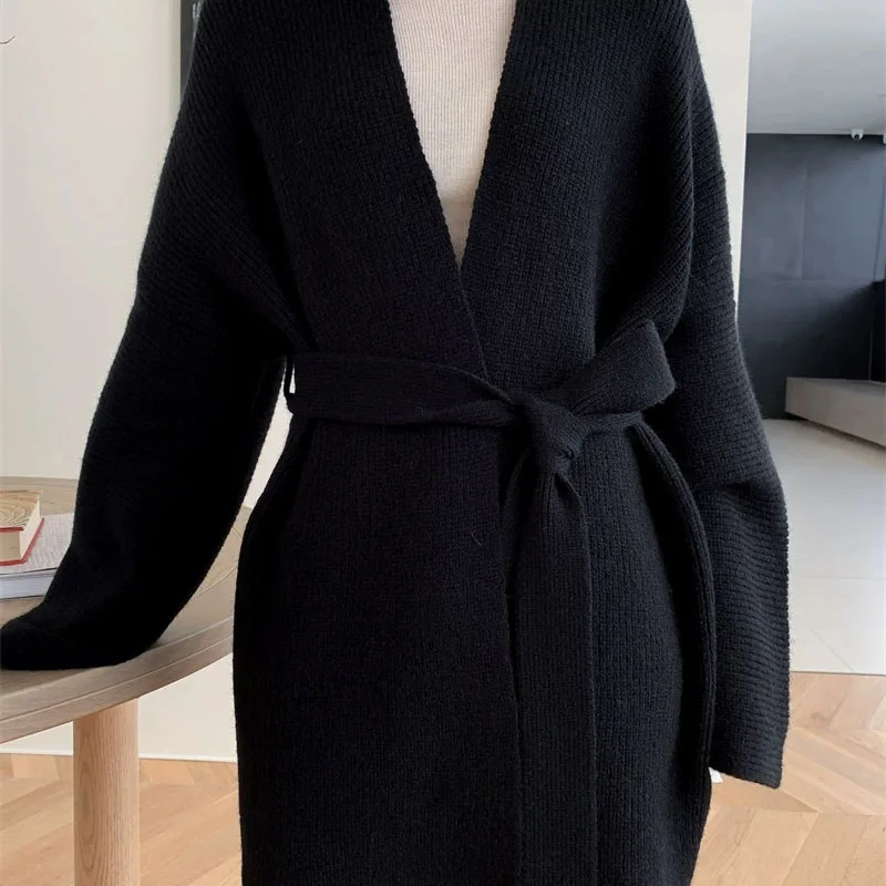 

Длинное офисное пальто из грубой пряжи с v-образным вырезом, белый свитер во французском стиле, пальто 202, осень-зима, новый женский свободный вязаный кардиган