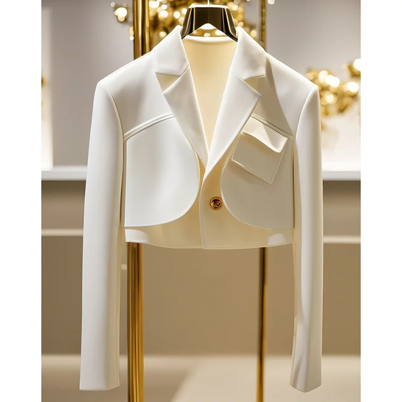 سترة نسائية بيضاء بأكمام طويلة وطية صدر السترة سترة غير رسمية أنيقة بدلة قصيرة معطف خريف 2025 موضة Y2K ملابس خارجية للسيدات