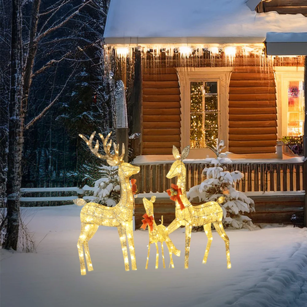 

Set of 3 Large Lighted Reindeer Christmas Decorations, 3D Yard Deer Decor Family Set for Indoor or Outdoor Yard Art- with