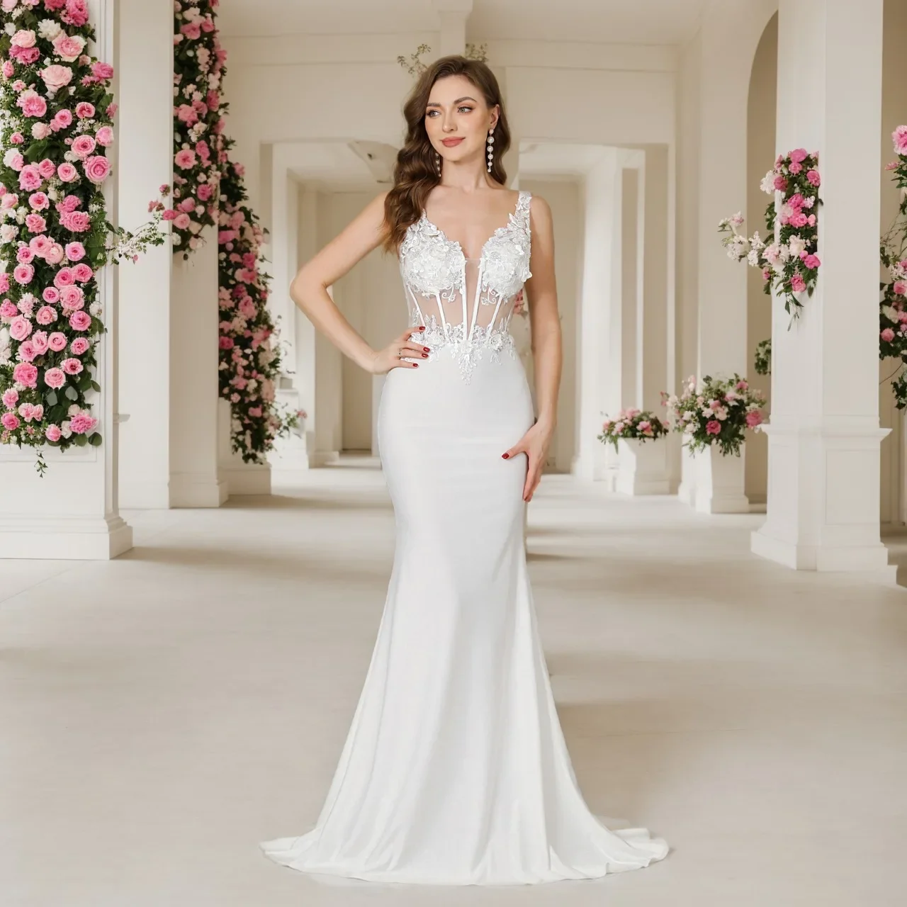 

MisShow Wedding Mermaid Dresses Illusion Lace Applique Straps V Neck Backless Sleeveless Gowns Formal Party Train Evening Dress