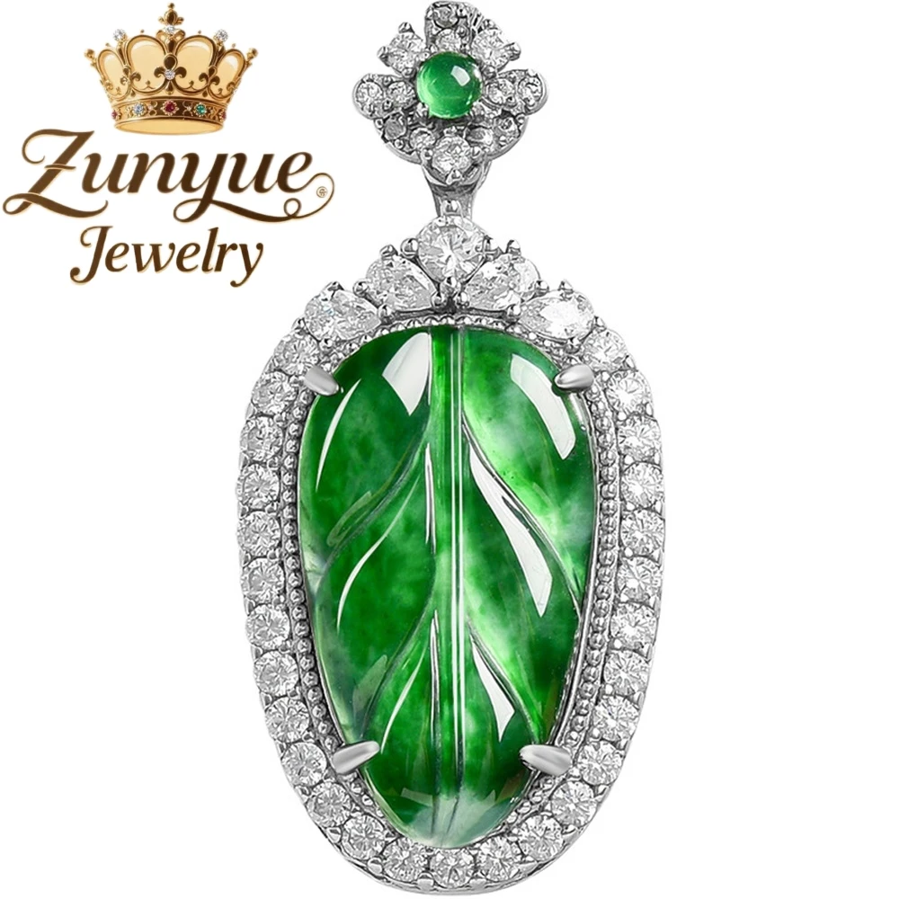 Natural A-Grade Jade Leaf Yang Green Ice Type Jade Pendant S925 Silver Inlaid Jade Pendant Necklace Fashionable Pendant