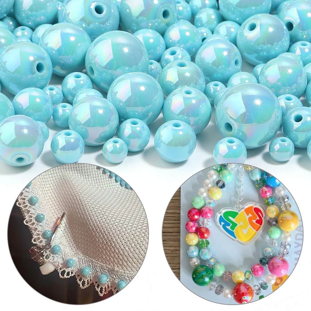 20-200pcs UV Plated Round Acrylic Beads Light Blue AB Color Loose Spacer Bead for DIY Bracelet Necklace Jewelry Making