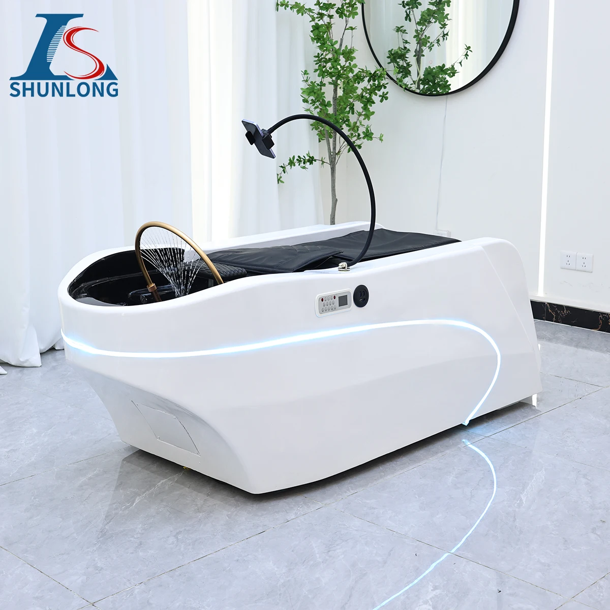 Multi-functional Thai Head Therapy Shampoo Bed, Reclining Hair Washing Chair with LED Strip Light for Hair Salon Scalp Care Spa