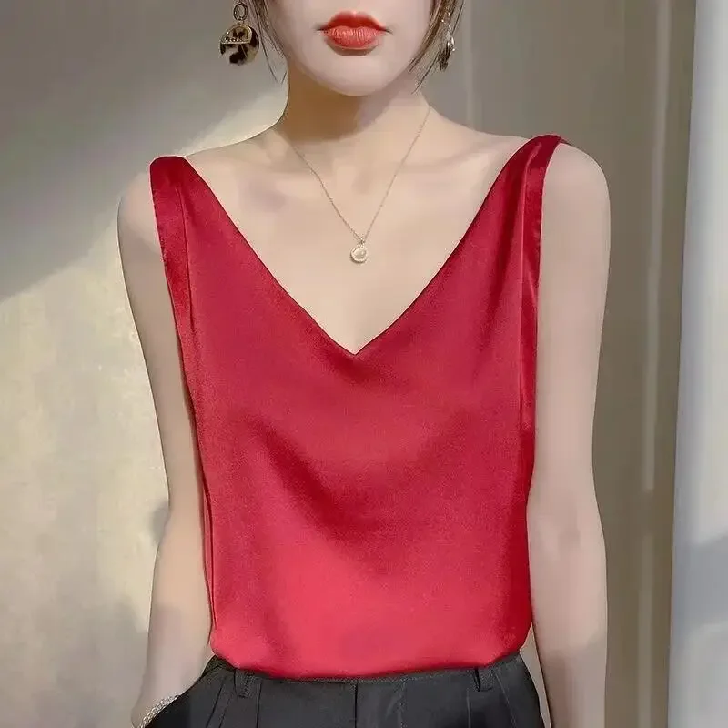 Sleeveless Shirts Satin Silk Tank Tops For Women Solid V Neck Silk Shirt Summer Satin Blouse Basic Camisole Elegant Office Lady