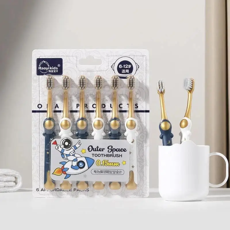 6pcs Children'S Toothbrushes Household Soft Bristle Cleaning Brush Preventing Tooth Decay Cartoon Astronaut Brush Handle