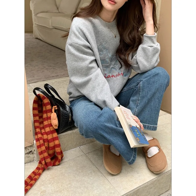 

Lazy Wind Starfish Embroidery Fleece Shoulder Sleeve Sweater Z