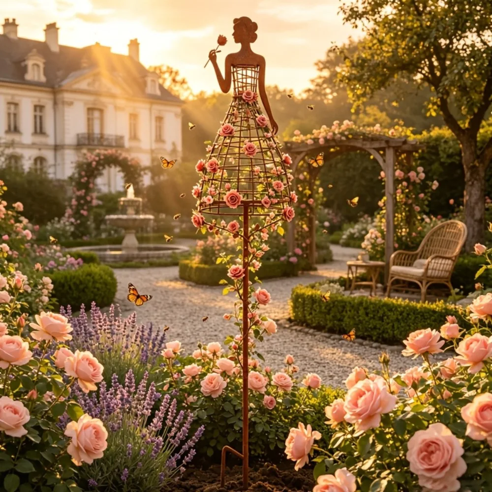 Rustic Metal Dress Lady Shape Plant Trellis Iron Art Weather Resistant Rose Climbing Bracket Rusted Finish Thickened