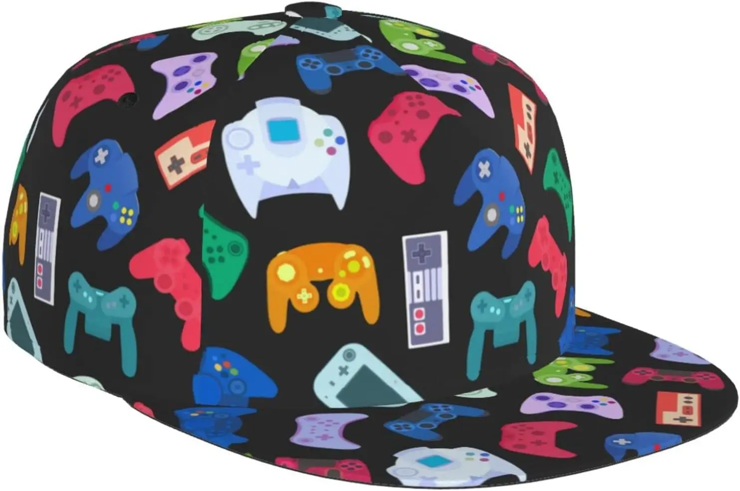 Video Game Weapon Controller Pattern Flat Bill Hat, Unisex Snapback Baseball Cap Hip Hop Style Flat Visor Blank Adjustabl