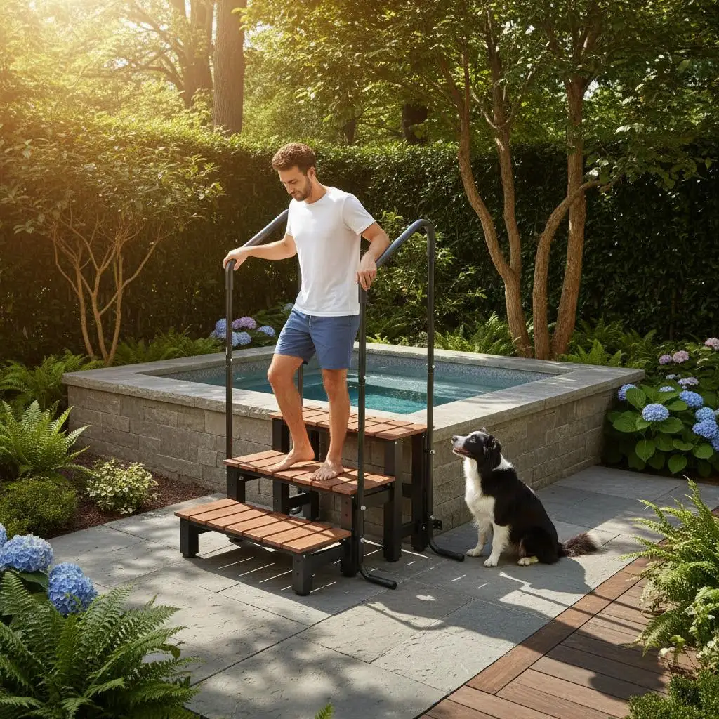 Hot Tub Steps with Handrail, 3-Step Spa Outdoor Stairs, Heavy Duty 25.2 inch Wide Above-Ground/Inflatable Pool Ladder with 55