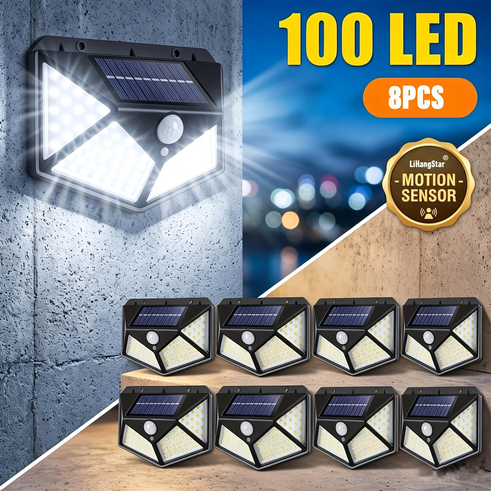 8 luci da parete solari LiHangStar con 100 LED, luci da esterno per patio con sensori di movimento, fari da esterno impermeabili, accensione/spegnimento automatica, adatte per patio, recinzioni,