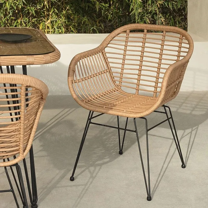 MOMO Ins Rattan Outdoor Balcony Iron Woven Leisure Chair with Solid Wood Table for Household Courtyard