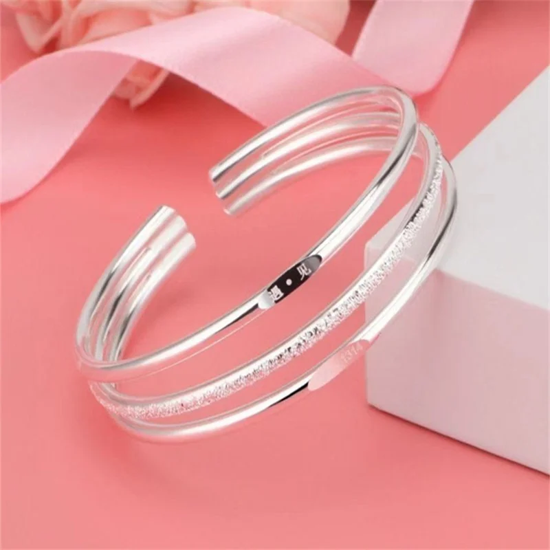 999 Sterling Silver Triple Layer Open Cuff Bangle for Women Sparkling Crushed Ice Inlaid Chinese Engraved Meet Text Bracelet Ele