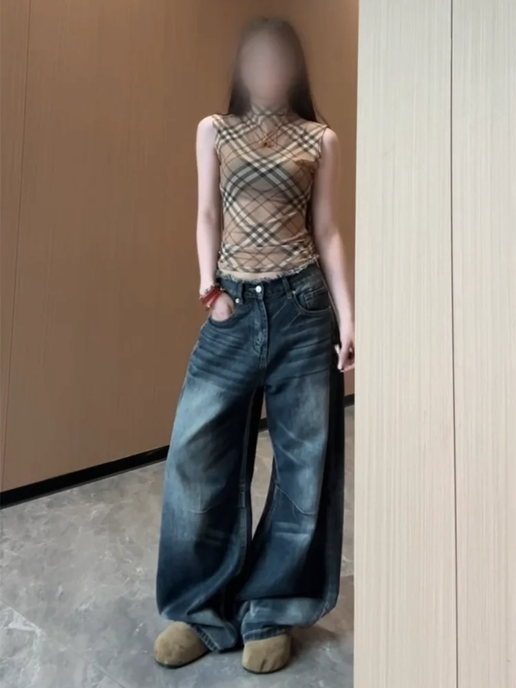 

Джинсы женские широкие с эффектом потертости в американском стиле, темно-синие, с драпировкой, весна-лето, новые, с эффектом поношенности, модель «нож»