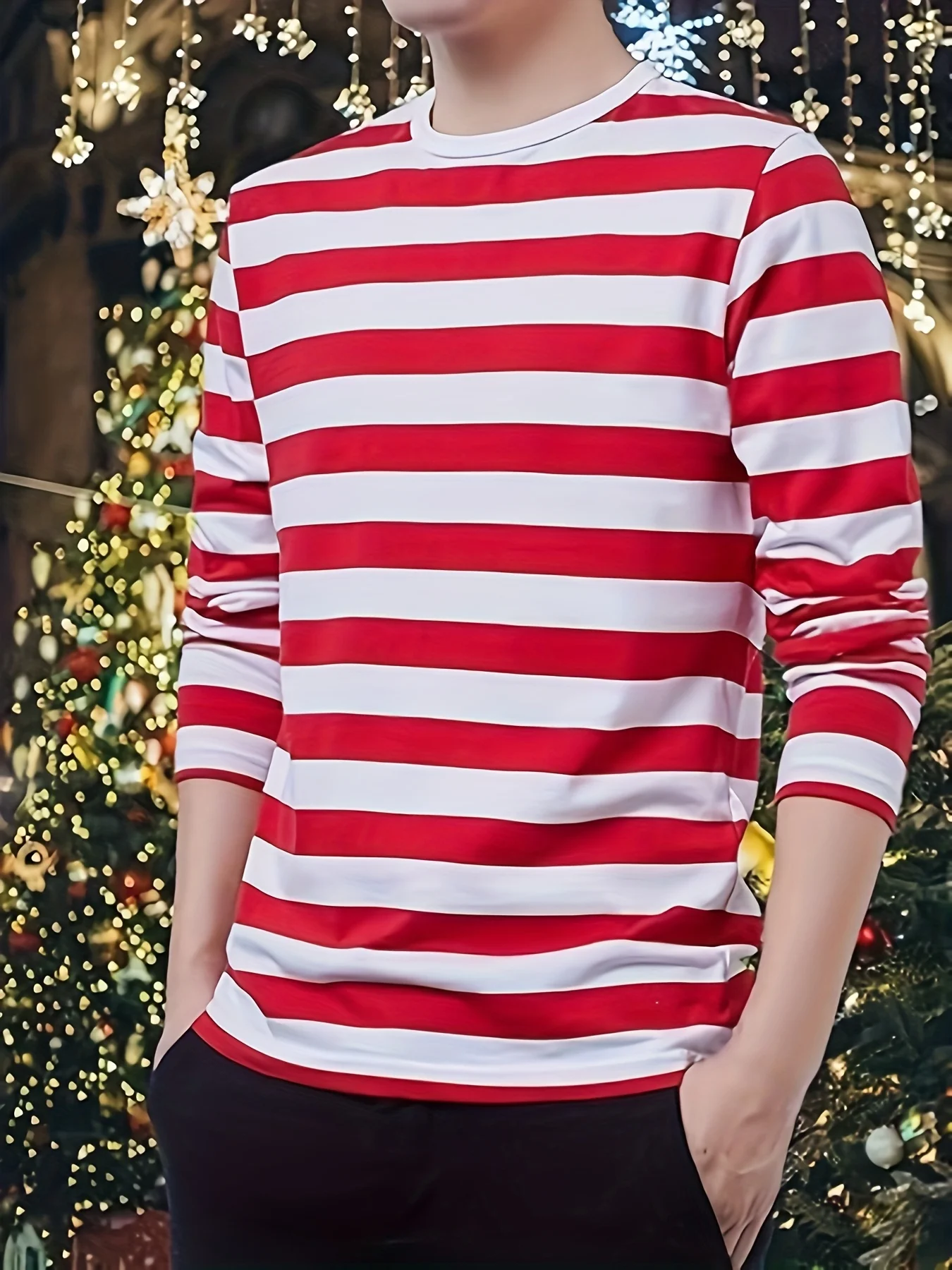 Autumn New Product Men's Red and White Stripe Printed Round Neck Long Sleeve Simple Basic Style Daily Casual Party Dressing Top