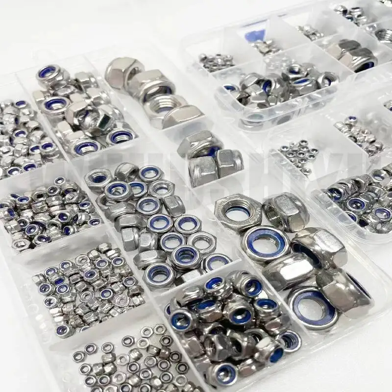 Sortimentsset Kit Box DIN985 M2 bis M12 Mix Sechskant-Nyloneinsatz Sicherungsmutter 304 A2 Edelstahl Sechskant selbstsichernde Nylock-Sicherungsmutter