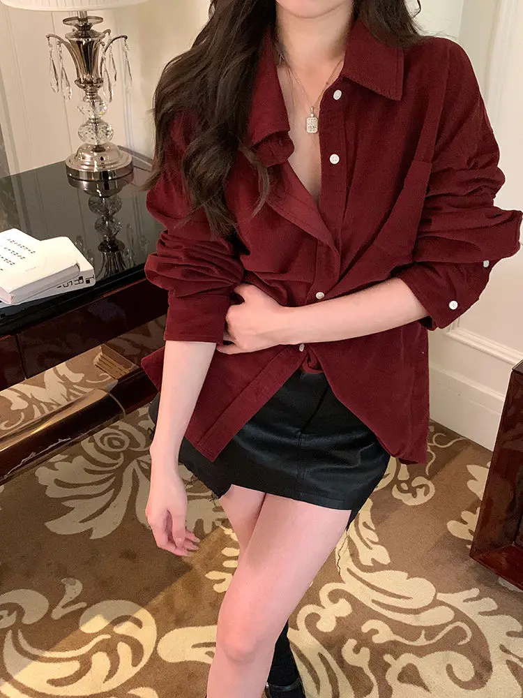 Rose Retro Corduroy Red Shirt for Women Korean Version Loose Design Niche Shirt