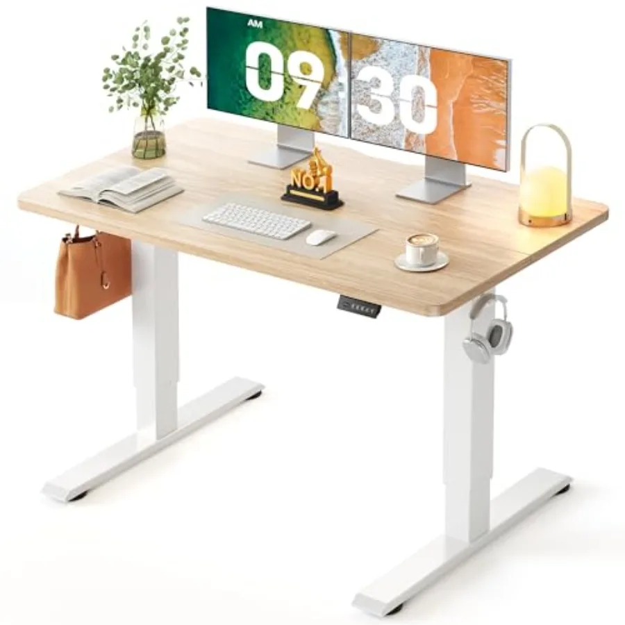 Electric Standing Desk for home office, steel frame with black laminate top, height adjustable with memory presets