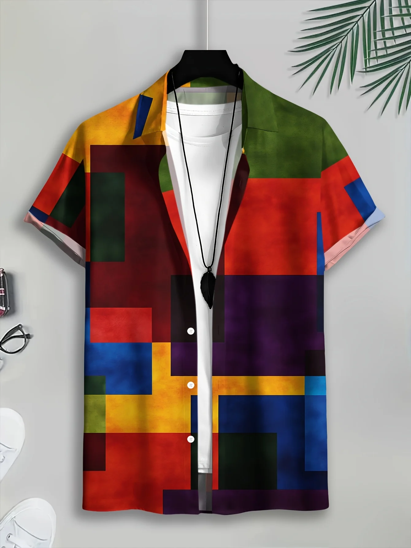 Men's Color Block Geometric Square Rectangle Print Short Sleeve Lapel Shirt Summer Street Bold Casual Mens Clothing