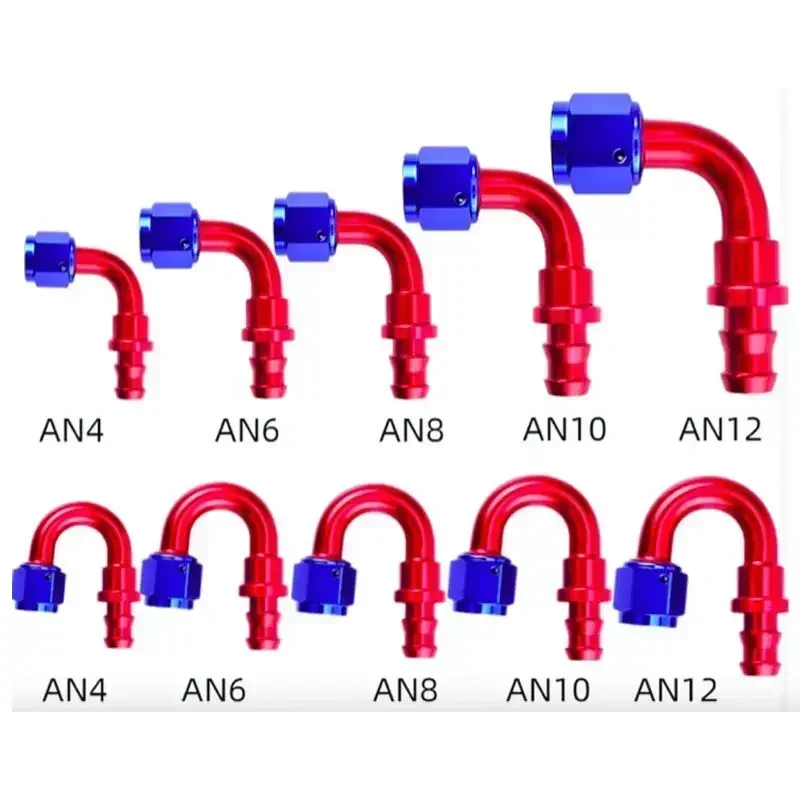 8 Uds Uuiversal aluminio AN4 AN6 AN8 AN10 AN12 accesorios de combustible de aceite manguera de empuje de combustible 0 90 45 180 grados extremo de manguera de tubo de goma