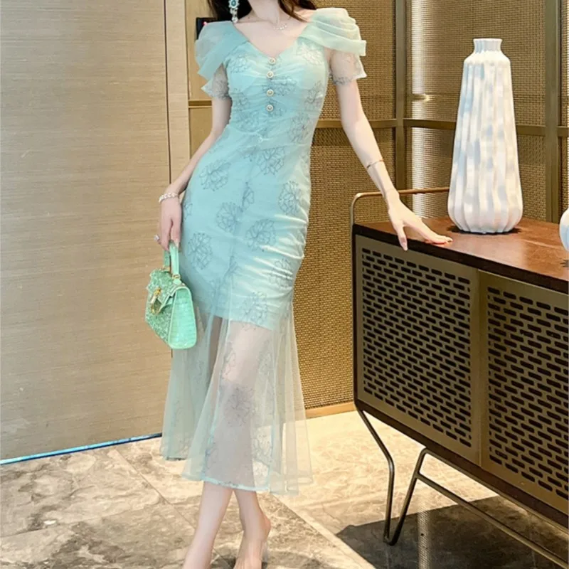 Green Dress Women's New Elegant Graceful Gentle Collar Hip Bag Fishtail Skirt