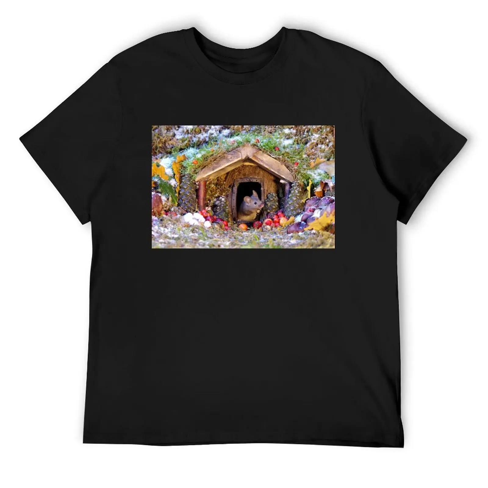 

festive christmas mouse in a log cabin house T-Shirt plain oversized graphic tee tops clothes for men