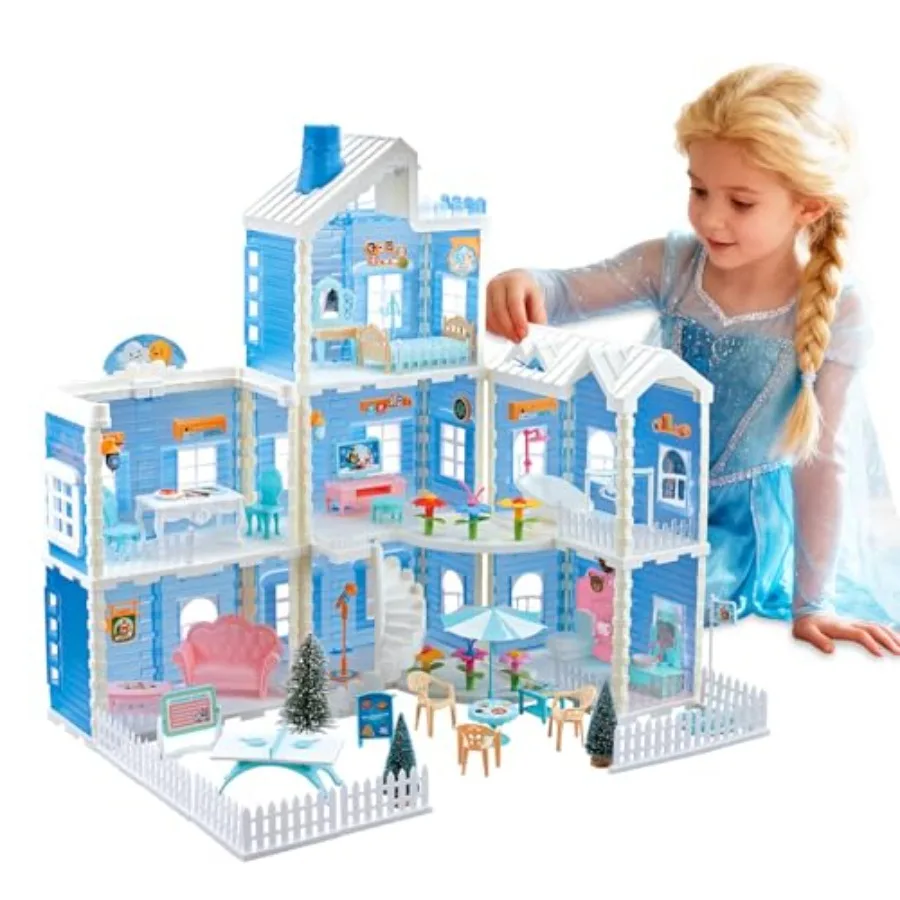 

Кукольный домик Big Blue Dream: 3-этажный замок для ролевых игр с 7 комнатами и 11 сценариями для девочек и мальчиков от 4 лет, синий, 37 предметов