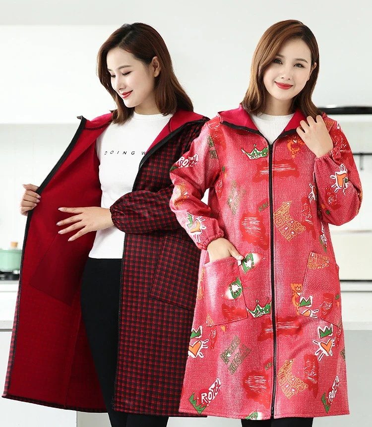 Women's household kitchen waterproof and oil-proof work clothes coat thick winter apron long sleeves