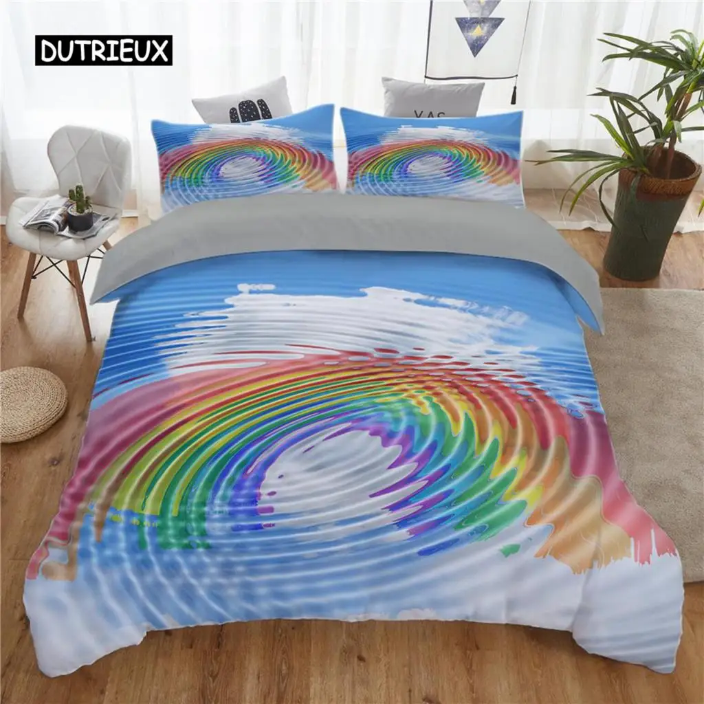 Water Wave Duvet Cover Set Rainbow Water Wave Blue Sky White Cloud Reflection Bedding Set Microfiber King Queen Size Quilt Cover