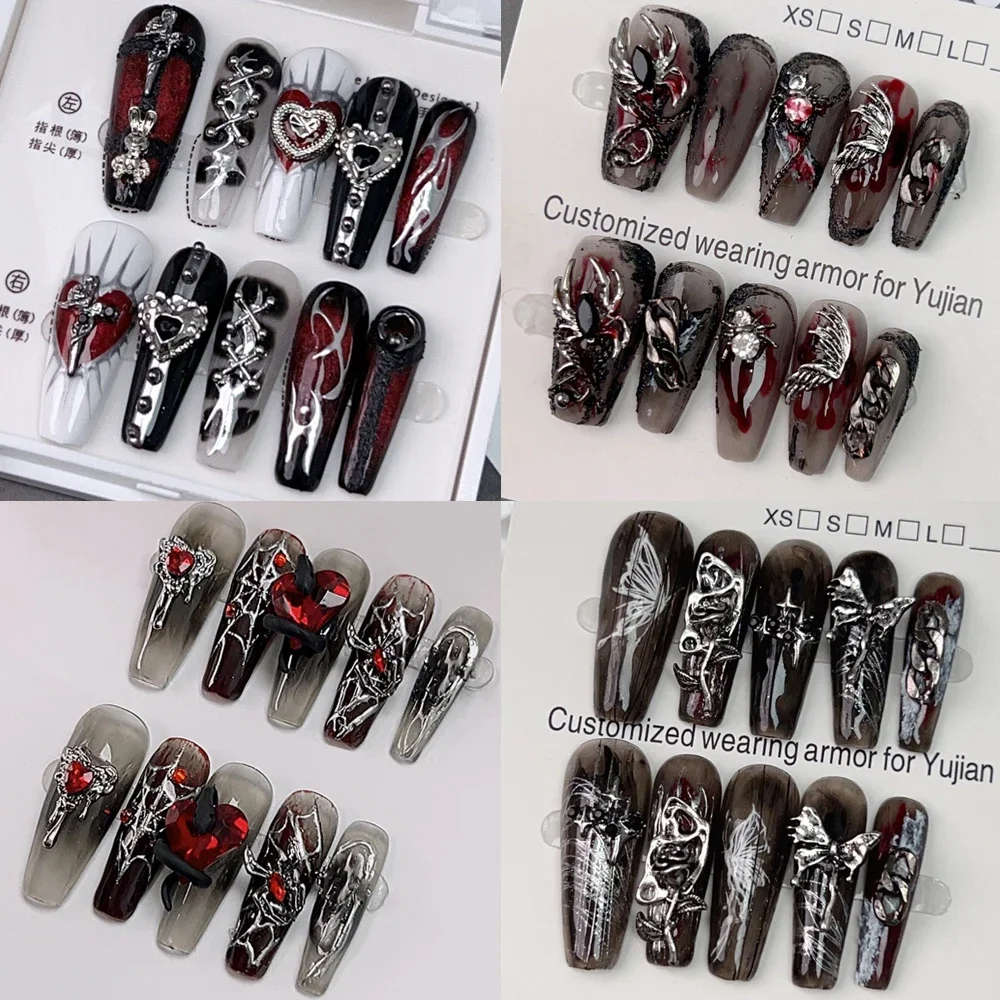 

10Pcs Pure Handmade 3D Metallic Butterfly Press On Nails Gradient Shiny Zircon Y2K Metal Punk Long Coffin Wearable False Nails
