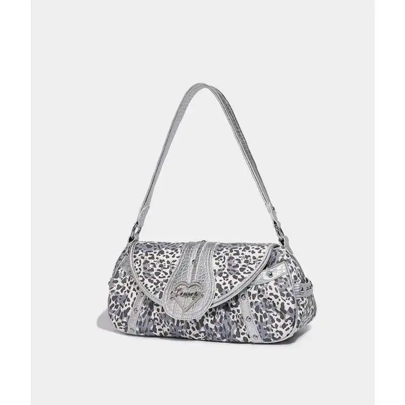 Bloom Leopard Print Sier Shoulder Bags Women Vintage Heart Casual Underarm Purse Female Punk Messenger Bag Aesthetic