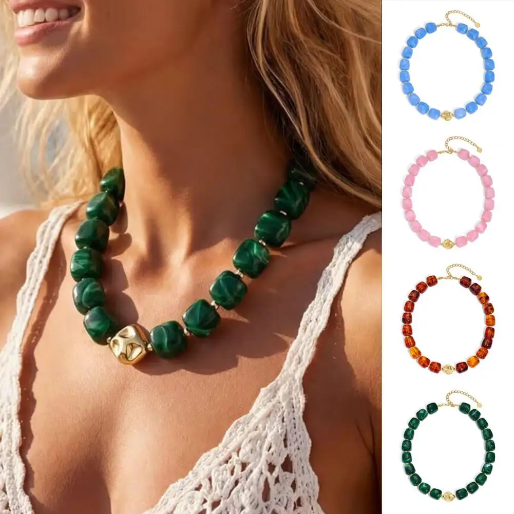 Beaded Chunky Necklace Resin Square Beads Short Necklace Bohemian Fashion Chunky Choker For Women Holiday Beach Party Vacation