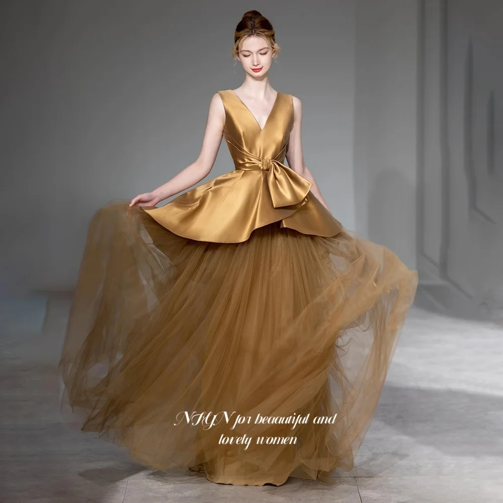 NFYN A Line Evening Dress Sexy V Neck Prom Dress with Bow Princess Party Dress Satin Tulle robe de bal for Women Customized