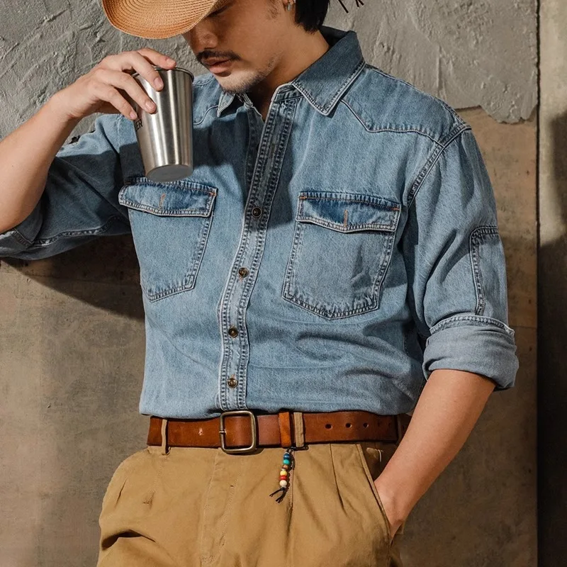 

Мужская рубашка в американском ретро-стиле, ковбойская, с длинным рукавом, из выстиранного денима, рабочая одежда, куртка для брутальных мужчин, свободный крой, на флисовой подкладке, для спорта и активного отдыха