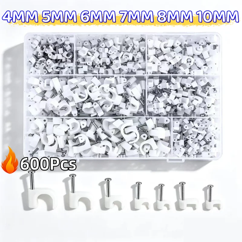 600Pcs 4mm 5mm 6mm 7mm 8mm 10mm White Round Cable Clips Sets Box Square Cable Management Fixing Cable Clip Mount With Nail Set