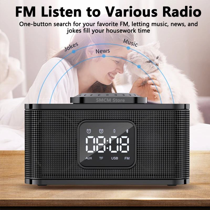 Portable Mobile Phone Wireless Charger Bluetooth Speaker FM Radio Column Dual Trumpet TF Card U Disk Boombox LED Clock Display