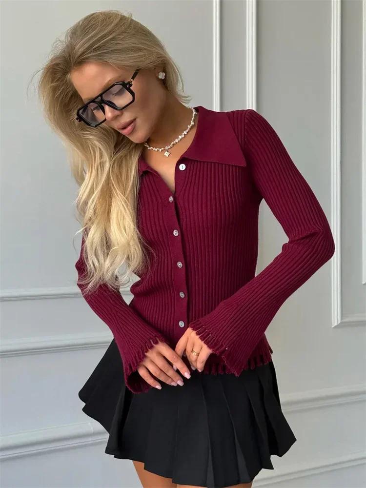 

2025 Knitwear Lapel Tassel Cardigan Coat For Women Long Sleeve Slim Solid Commute Cropped New Outwear Knit Women's Cardigan Top