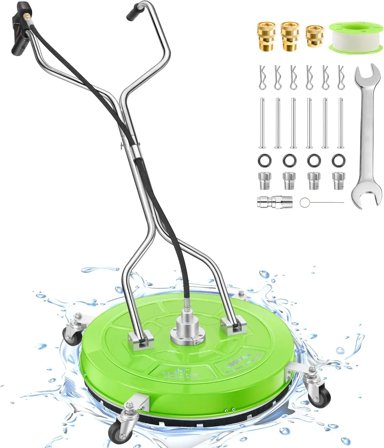 

24“ Pressure Washer Surface Cleaner with 4 Wheels - Coated Green Dual Handle Stainless Steel Surface Cleaner for Pressure