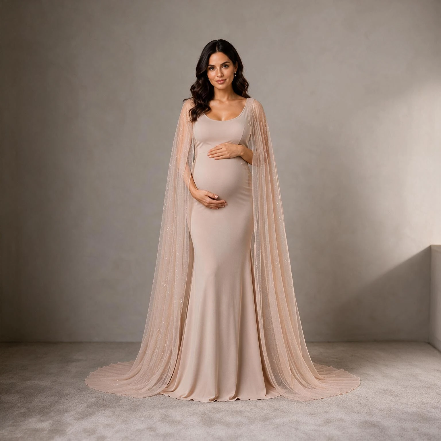 Nude Fitted Mermaid Maternity Baby Shower Dress with Sheer Cape Maternity Gown  L-26932