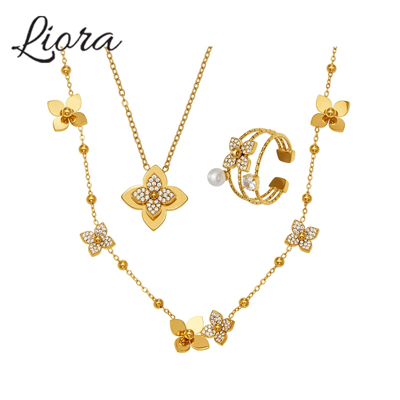 Liora Schöne Zirkonia Blume Anhänger Kette Halsketten Ringe für Frauen Edelstahl Hochzeit Bankett Halsband Schmuck Set