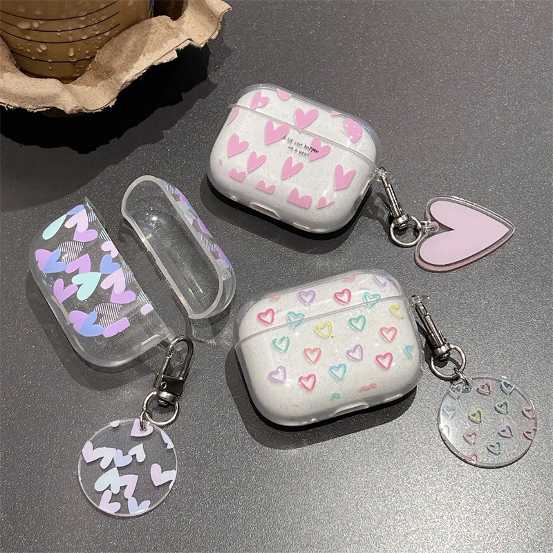 Fashion Glitter Shiny Heart Pendant Wireless Earphones Case For Airpods Pro 2nd Cover AirPods 2 1 3 Charging Box with Keychain