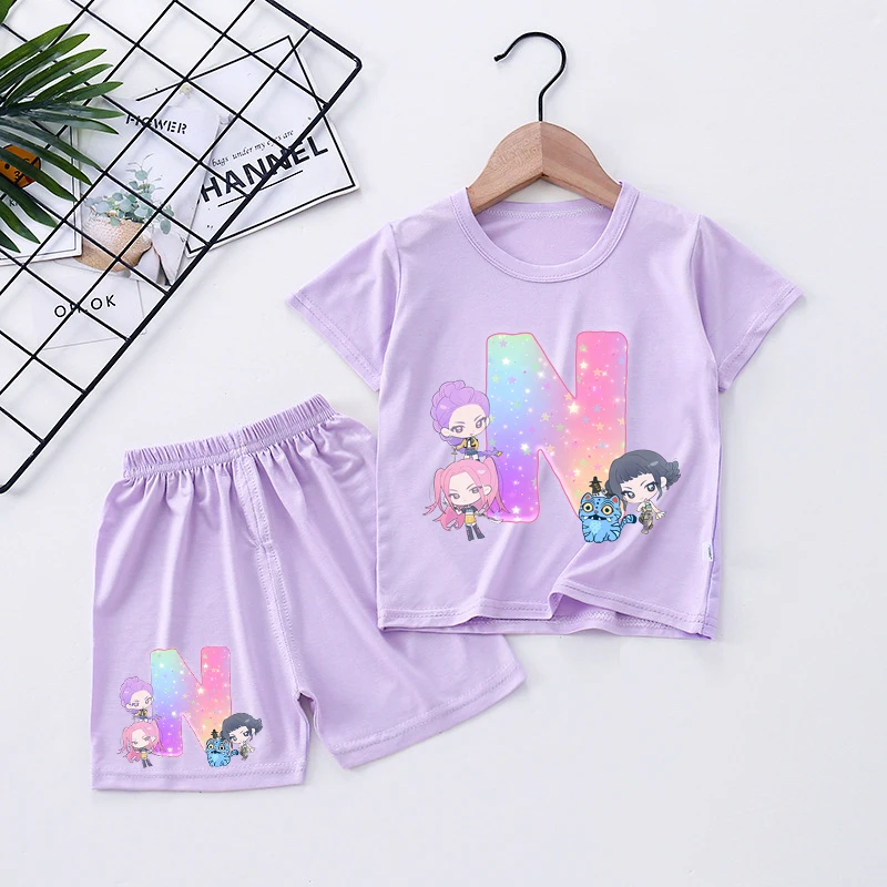 

KPop Demon Hunters Summer Pajamas Set Letter A-z Cute Anime Cartoon Kid Pijama Boy Girl Sleepwear Short-Sleeved Pants Loungewear