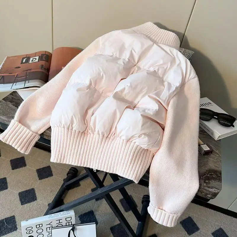 Korean Sweet Cotton Jacket with Knitted Sleeves Women's Cotton-Padded Clothes Autumn Winter Short Warm Outer Wear Versatile 6