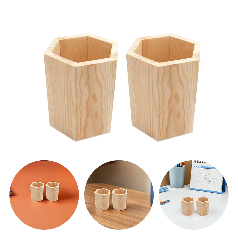 

2pcs Wooden Holder Natural Pine Desktop Organizer Stationery Storage Pot For Home Office School Wood Brush Pot Decor