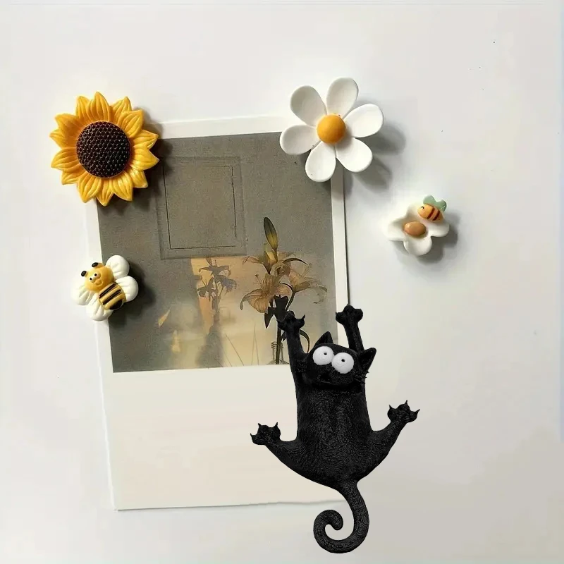 Niedlicher schwarzer Katzenmagnet, Kühlschrankmagnet, Cartoon-Aufkleber „Hang In There, Fridge Cat“, Aufkleberhaken für Foto, Memo, Kühlschrank, DIY-Dekoration