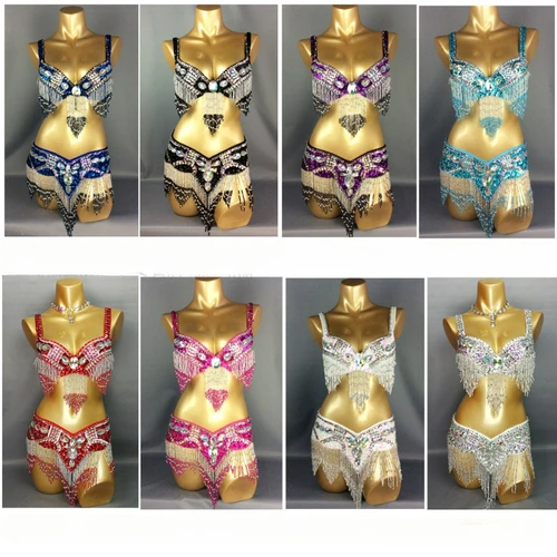 Imagen 2 del producto Traje de danza del vientre para chica Sexy, conjunto de 2 piezas con barra + cinturón, trajes de danza del vientre para mujer en 10 colores, ropa de danza del vientre