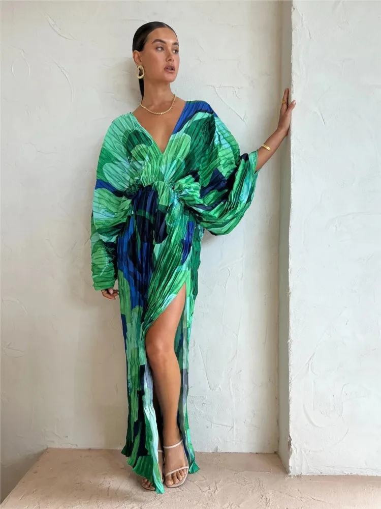 

Sexy Vestidos Para Mujer Beach Dress Pressed Pleated Dress For Casual Vacation Dress For Women Long Dresses Loose Slit Dresses
