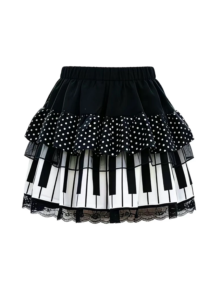 

Spring and summer new items, sweet and cool style, high waisted piano key printed skirt, women's polka dot lace lace skirt