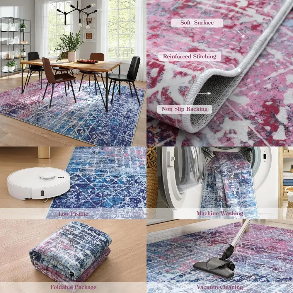 

Purple & Pink Bohemian Rug, 5x7 Feet, Washable & Non-Slip, Perfect for Girls' Rooms, Playrooms, and Living Spaces