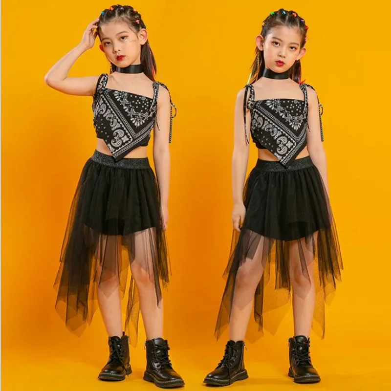 Gonna a rete pantalone per ragazze Costume da ballo Jazz Set vestiti bambini Punk Hip Hop abbigliamento collo quadrato manica a sbuffo Crop T Shirt pieghettata