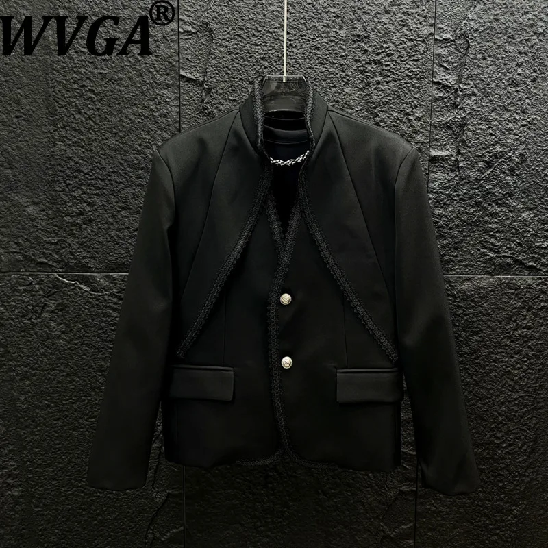 WVGA Spring Autumn New Men High-end Lace Trim Spliced Blazer Deconstructed Design Faux Two-piece Stand Collar Jackets Ins W26526